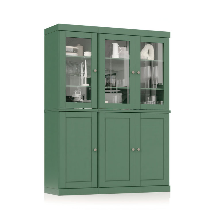 Green Solid Wood China Cabinet with Clear Glass Doors and Adjustable Shelves