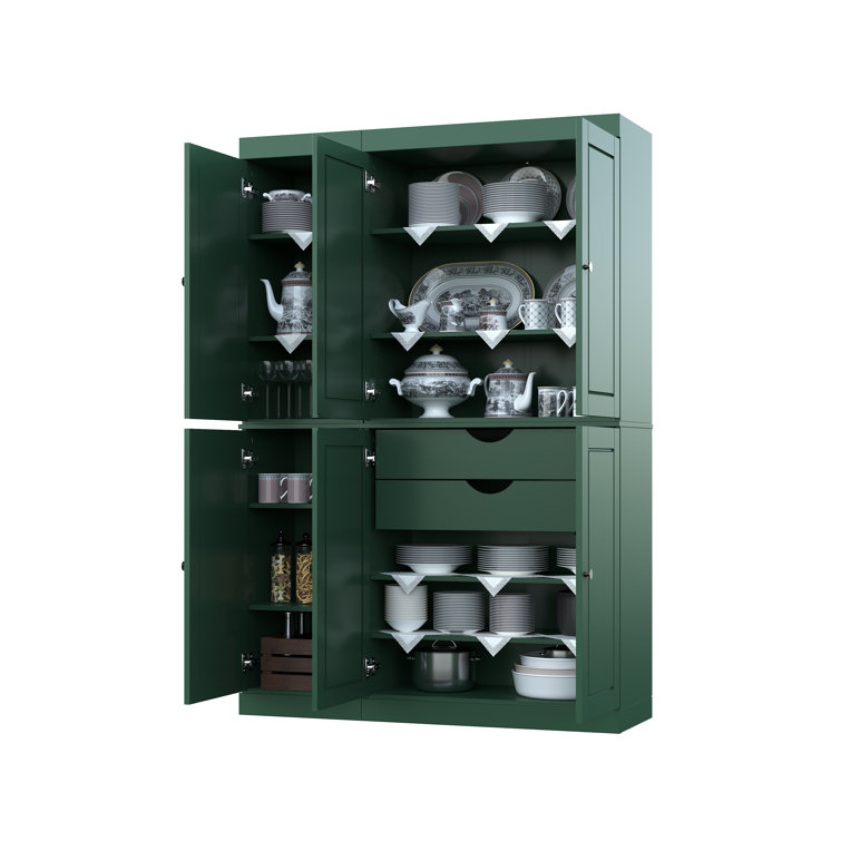 Green Solid Wood Raised Panel Pantry Cabinet with Adjustable Shelves