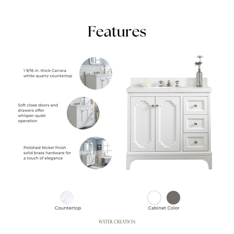 Pure White 36'' Single Bathroom Vanity with Quartz Carrara Top and Mirror