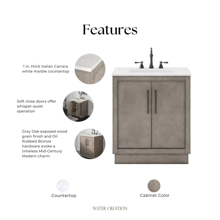 Hugo 30" Grey Oak Vanity with Carrara Marble Countertop