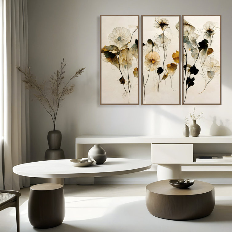 Beautiful Dry Flowers Beige and Black 3-Piece Framed Painting Set