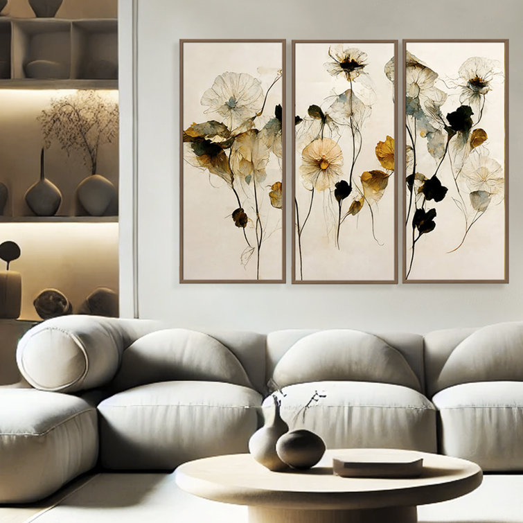 Beautiful Dry Flowers Beige and Black 3-Piece Framed Painting Set