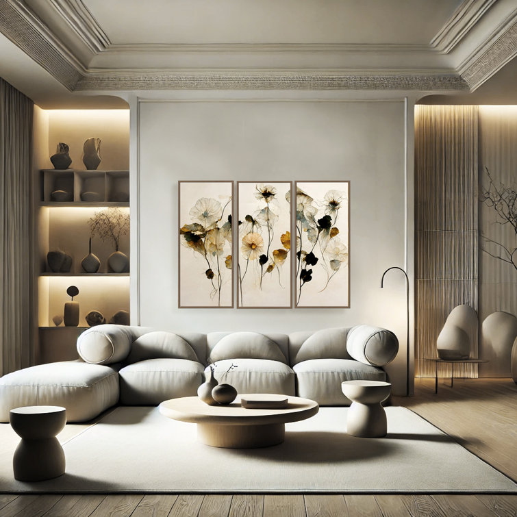 Beautiful Dry Flowers Beige and Black 3-Piece Framed Painting Set