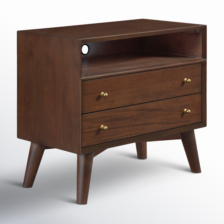 Walnut Brown Mahogany 2-Drawer Nightstand with Shelf