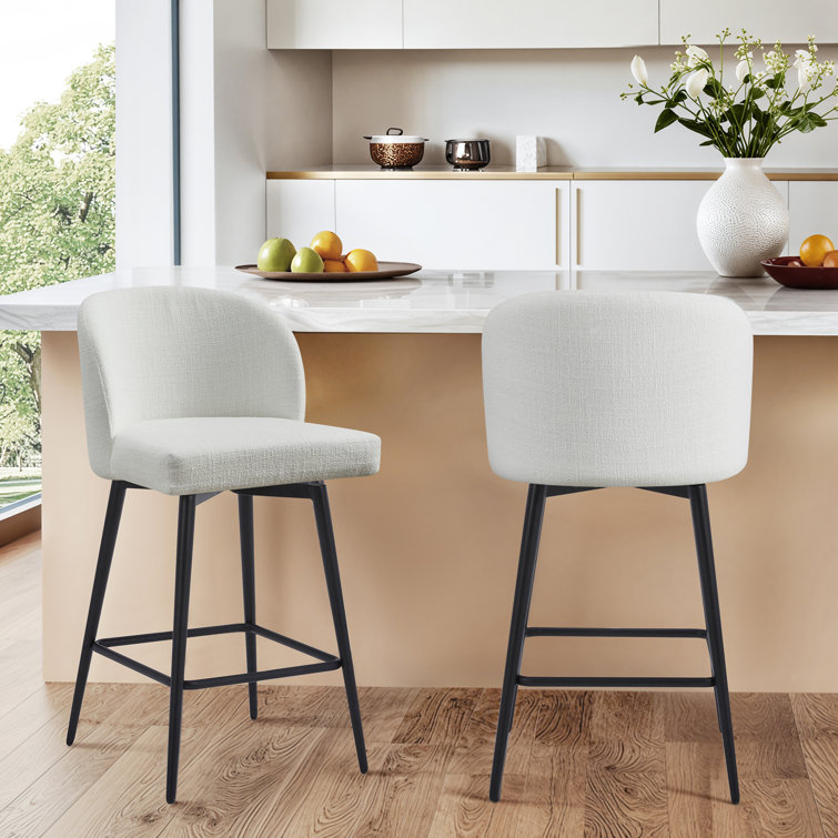 White Upholstered Swivel Counter Stools with Iron Legs, Set of 2