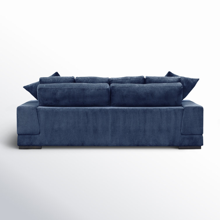 Blue Corduroy Polyester Sofa with Square Arms and Ottoman
