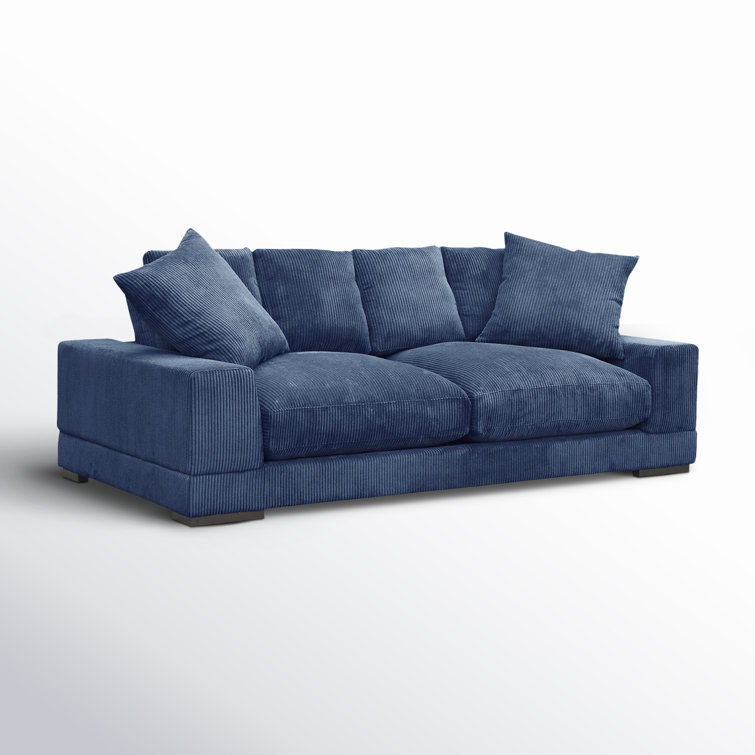 Blue Corduroy Polyester Sofa with Square Arms and Ottoman