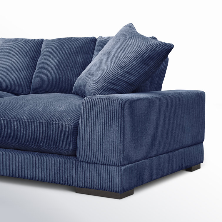 Blue Corduroy Polyester Sofa with Square Arms and Ottoman