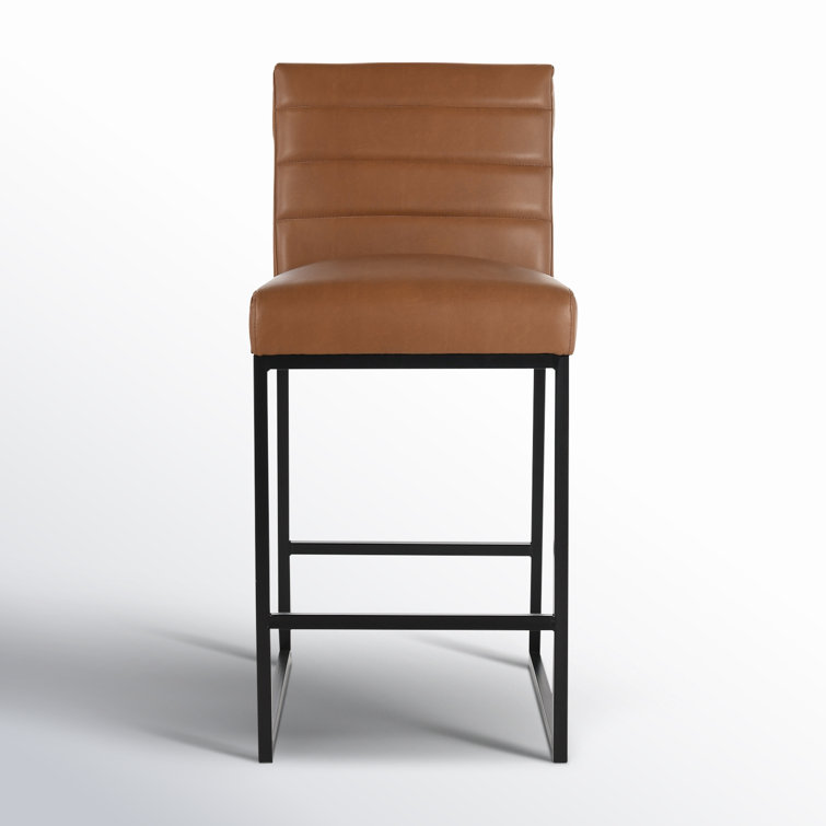 Cognac Brown Leather and Black Metal Swivel Counter Stool