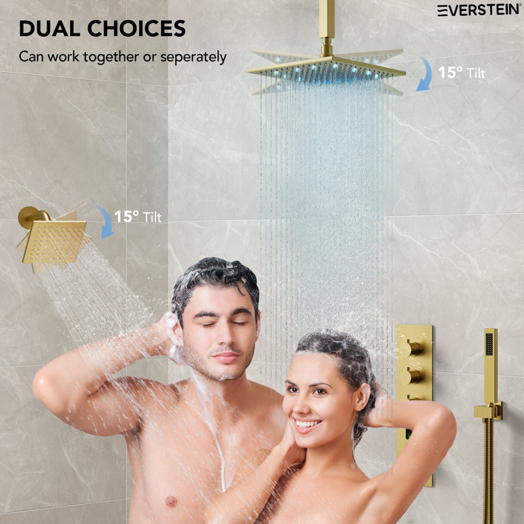 Brushed Gold 12" LED Ceiling Mounted Shower System with Digital Display