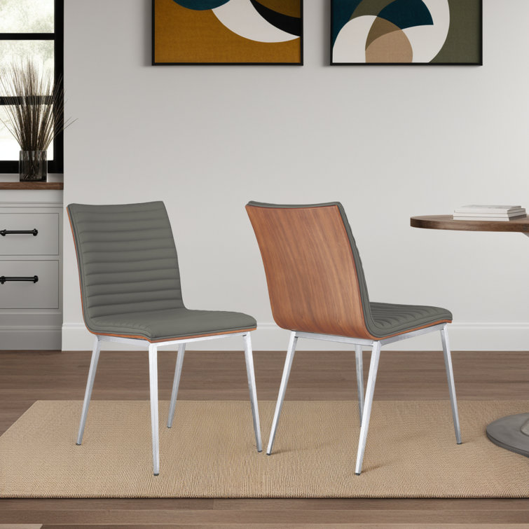 Gray Faux Leather Upholstered Side Chair with Walnut Back and Metal Legs