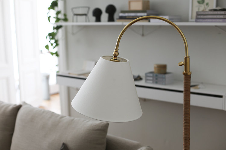 Curves No.1 Aged Brass Arc Floor Lamp with Off-White Linen Shade