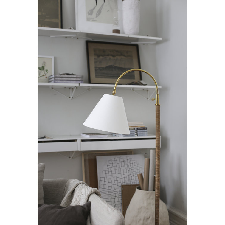 Curves No.1 Aged Brass Arc Floor Lamp with Off-White Linen Shade