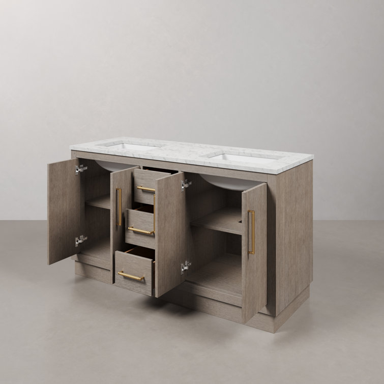 Hugo 60'' Grey Oak Double Sink Vanity with Satin Gold Hardware