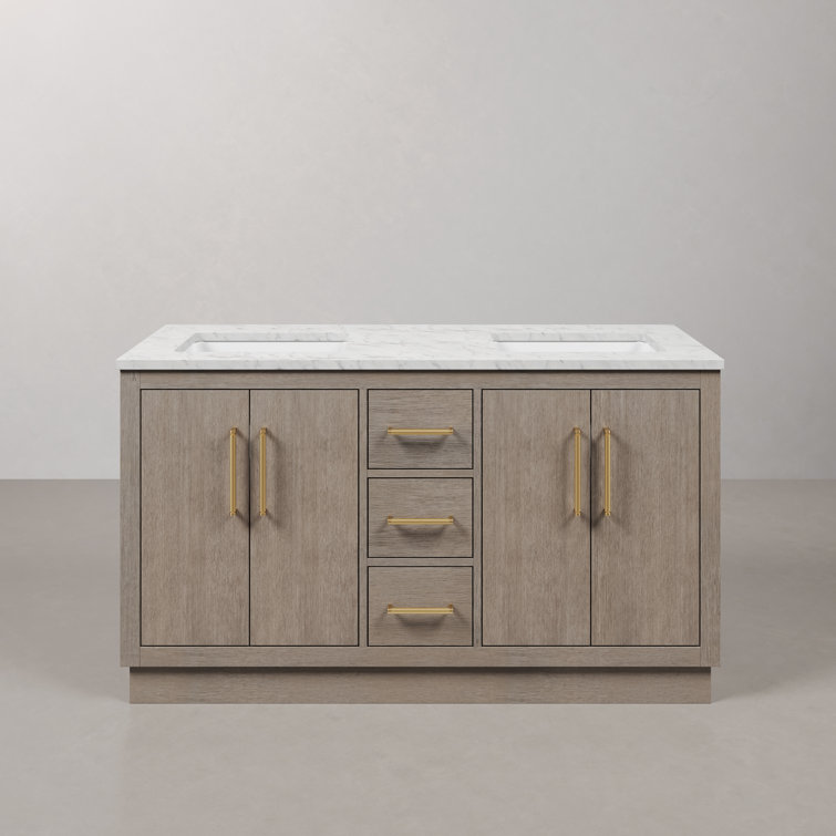 Hugo 60'' Grey Oak Double Sink Vanity with Satin Gold Hardware