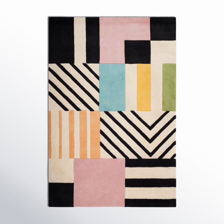 Hand-Tufted Art Deco Ivory & Black Wool Rug, 2' x 3'