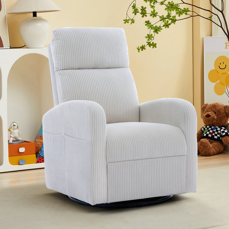 White Corduroy Upholstered Swivel Rocker Glider Nursery Chair