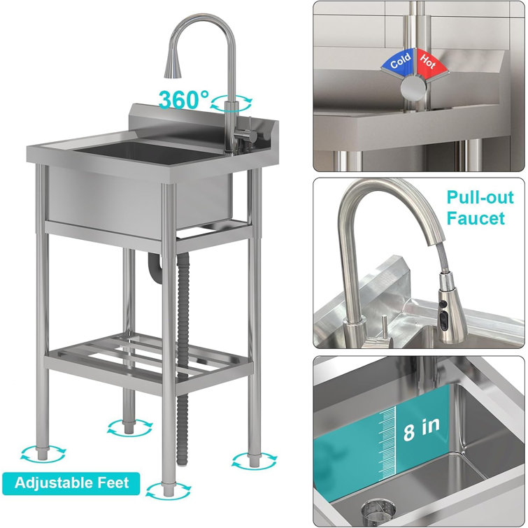 Stainless Steel Free Standing Single Bowl Utility Sink with Hot and Cold Faucet
