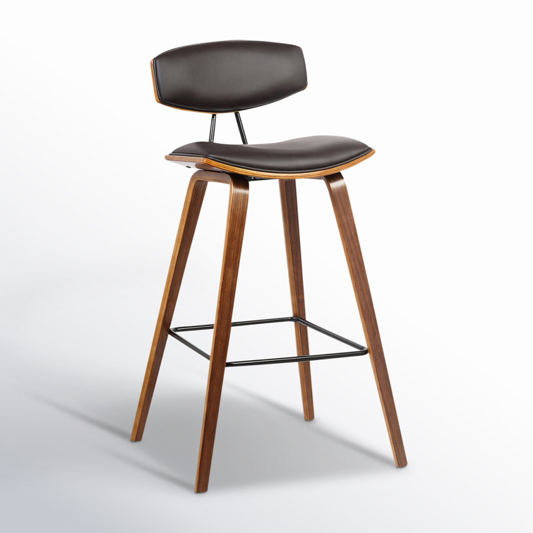 Fox 30'' Brown Faux Leather and Walnut Wood Mid-Century Bar Stool