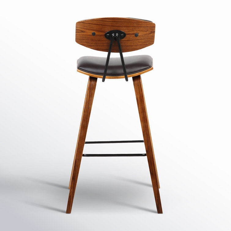 Fox 30'' Brown Faux Leather and Walnut Wood Mid-Century Bar Stool