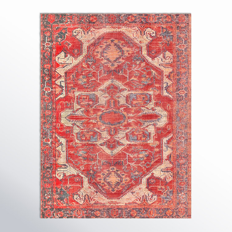 Red and Beige Stain-Resistant Synthetic Rectangular Rug