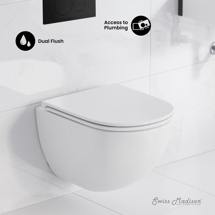 Glossy White Wall Mounted Round Dual Flush Toilet with Black Flush Plate
