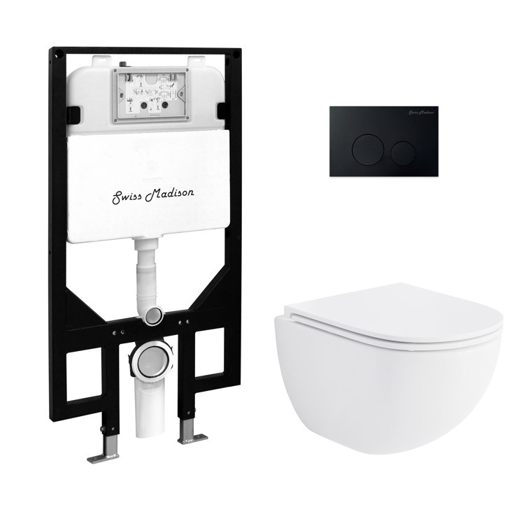 Glossy White Wall Mounted Round Dual Flush Toilet with Black Flush Plate