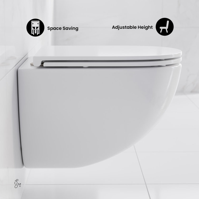 Glossy White Wall Mounted Round Dual Flush Toilet with Black Flush Plate