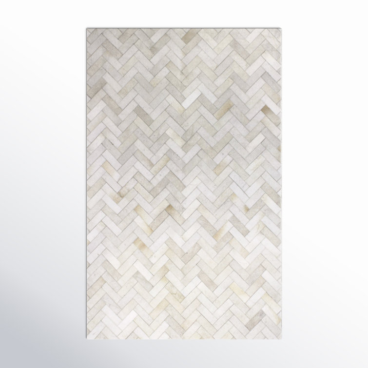 Cream Chevron Cowhide Leather Rectangular Area Rug