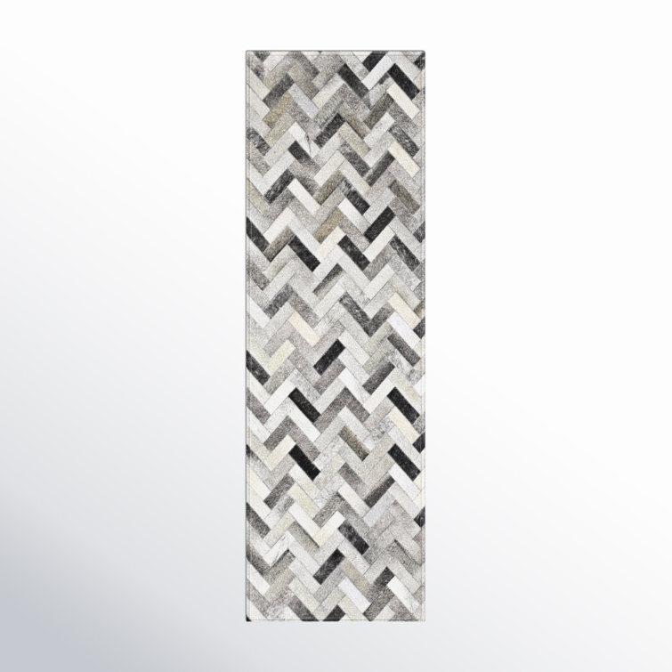 Handmade Geometric Cowhide Runner Rug in Ash Gray
