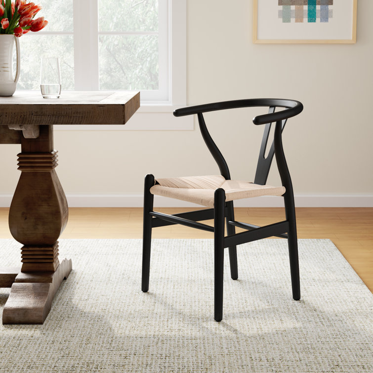 Mid-Century Modern Black Solid Wood Weave Dining Chair