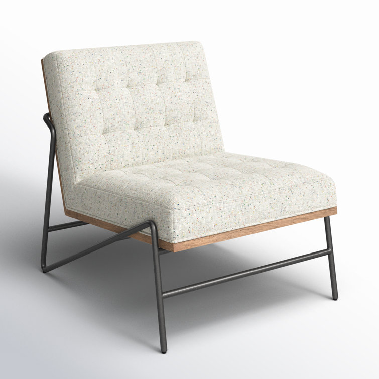 27'' White Leather & Wood Slipper Accent Chair with Neutral Fleck