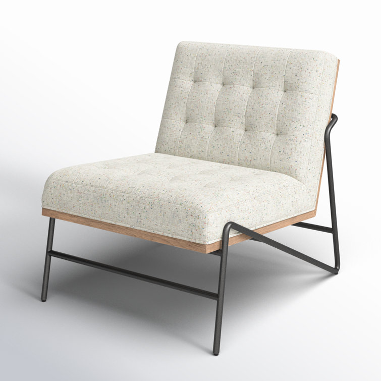 27'' White Leather & Wood Slipper Accent Chair with Neutral Fleck