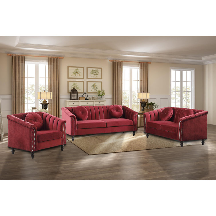 Red Velvet 3-Piece Chesterfield Living Room Set