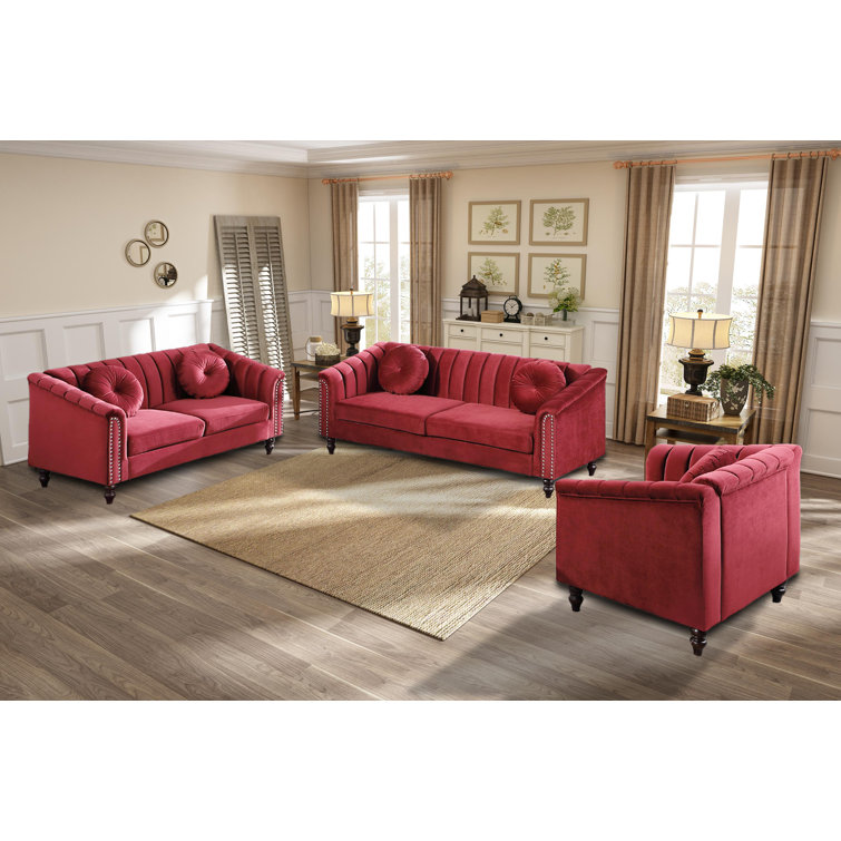 Red Velvet 3-Piece Chesterfield Living Room Set