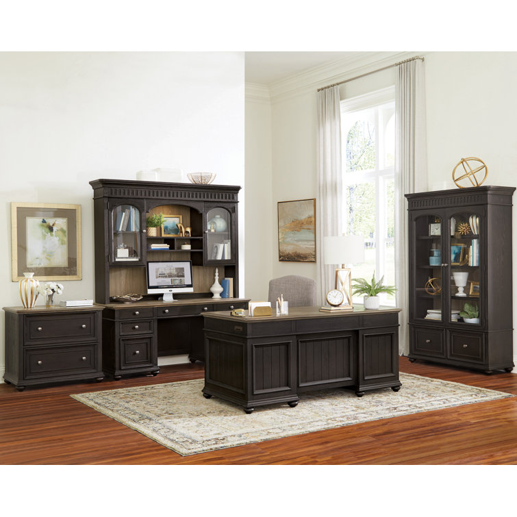66" Black and Oak Transitional Home Office Desk with Hutch