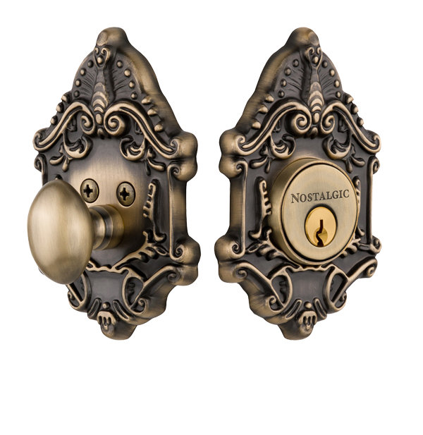 Victorian Antique Brass Single Cylinder Deadbolt with Ornate Design