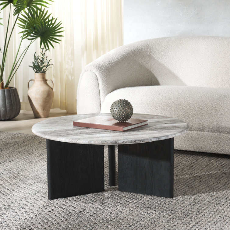 Modern Round Black Wood Coffee Table with Marble Top
