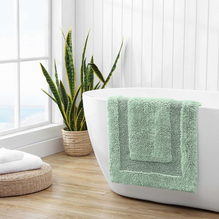 Soft Plush Green Cotton Rectangle Bathroom Rug