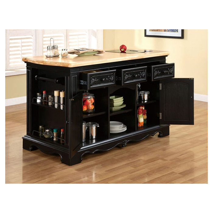 Black and Natural Wood Kitchen Island with Granite Top