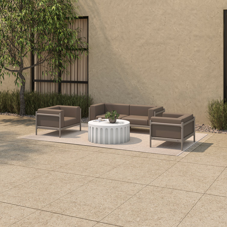 White Round Concrete Outdoor Coffee Table with Fluted Design