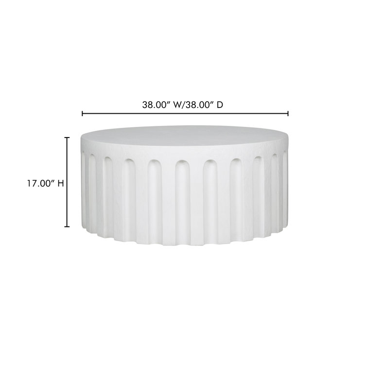 White Round Concrete Outdoor Coffee Table with Fluted Design