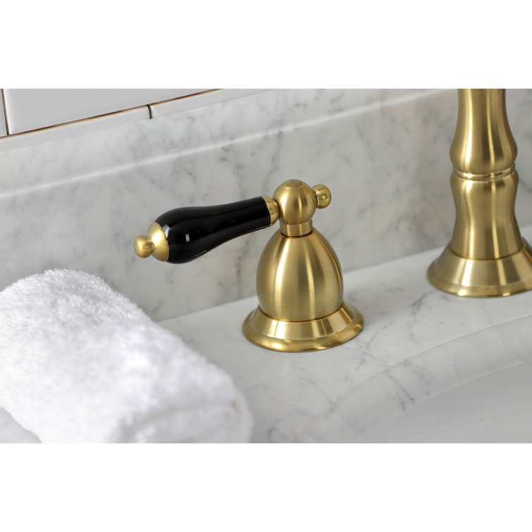 Duchess Brushed Brass Widespread Bathroom Faucet with Black Porcelain Handles