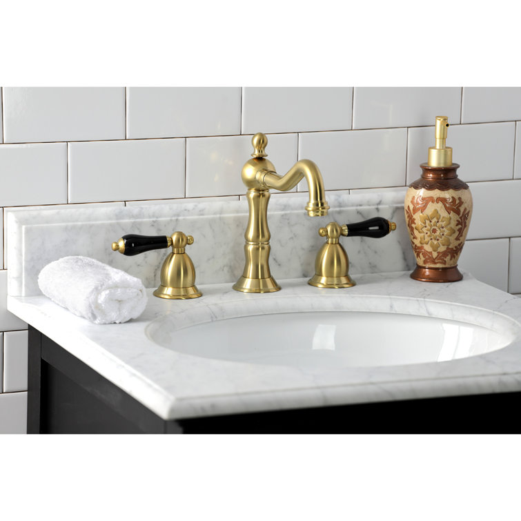 Duchess Brushed Brass Widespread Bathroom Faucet with Black Porcelain Handles