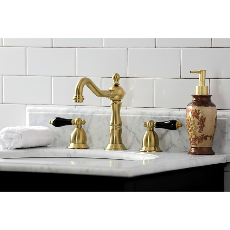 Duchess Brushed Brass Widespread Bathroom Faucet with Black Porcelain Handles