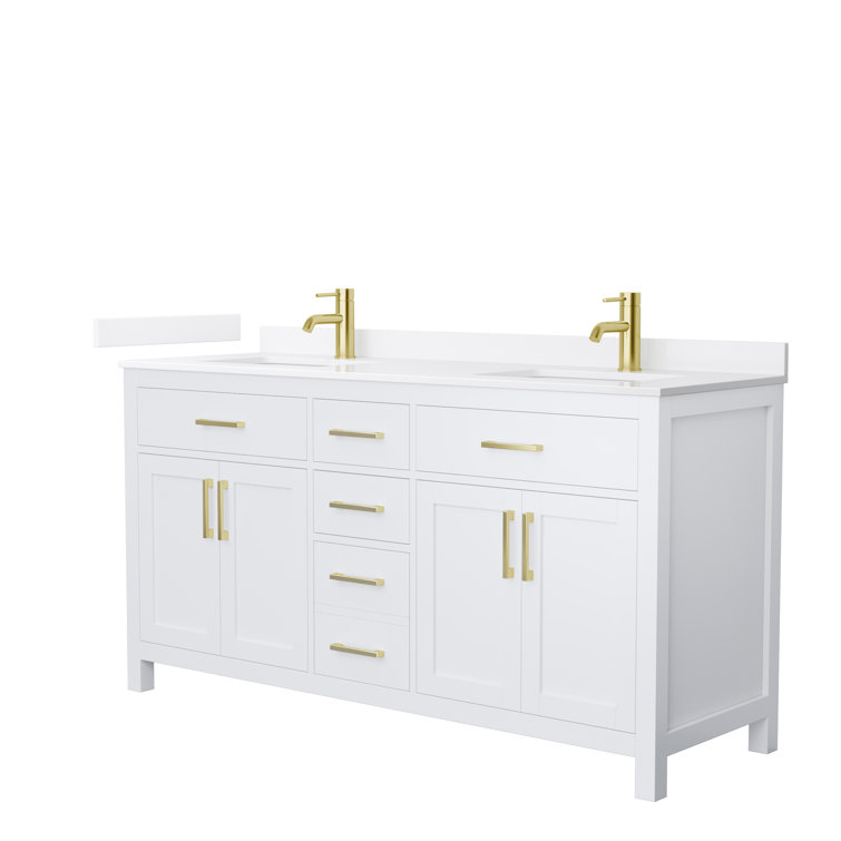 White Double Freestanding Bathroom Vanity with Gold Hardware and Quartz Top