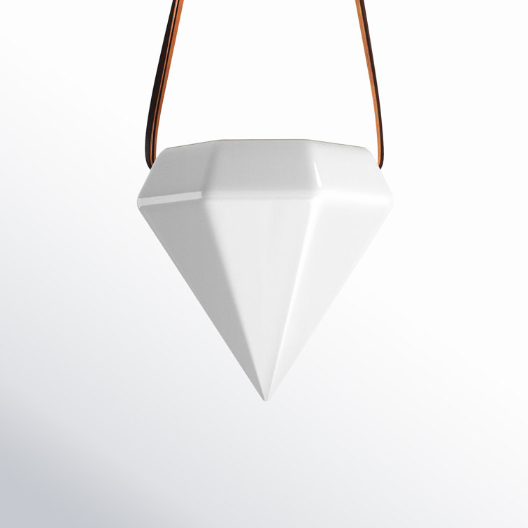 Gloss White Diamond Ceramic Hanging Planter with Leather Rope