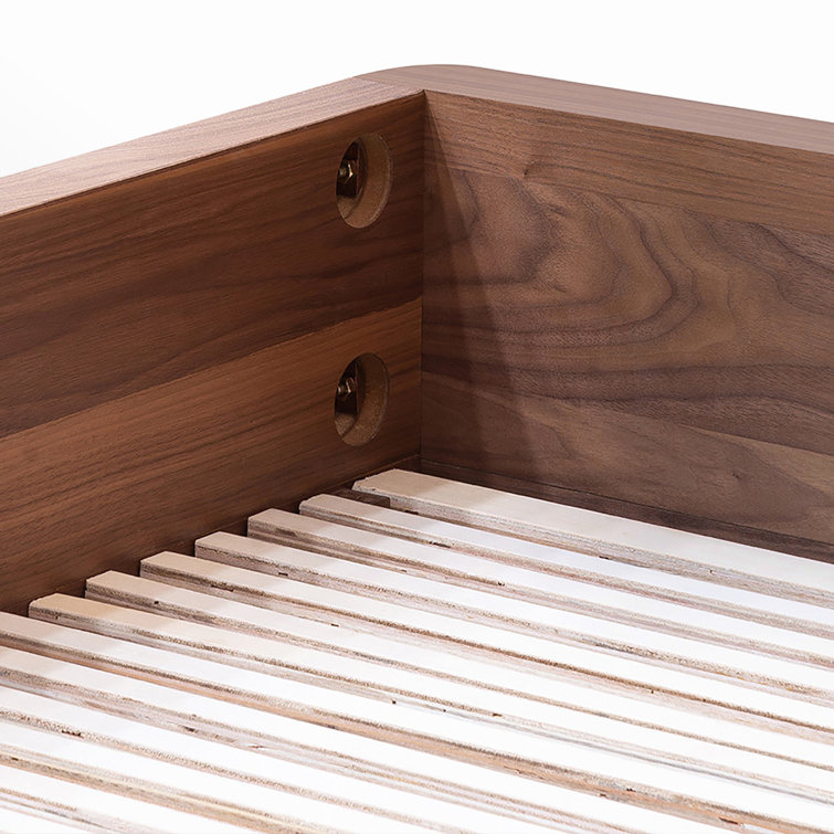King Walnut Wood Frame Platform Bed with Headboard and Slats