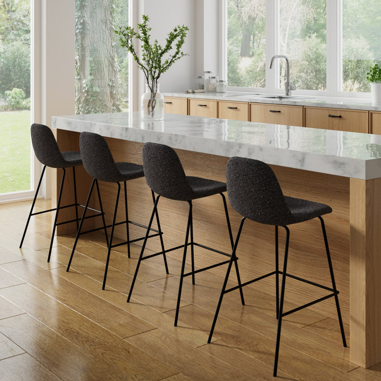 Black Boucle Upholstered Counter Stools with Metal Frame, Set of 2