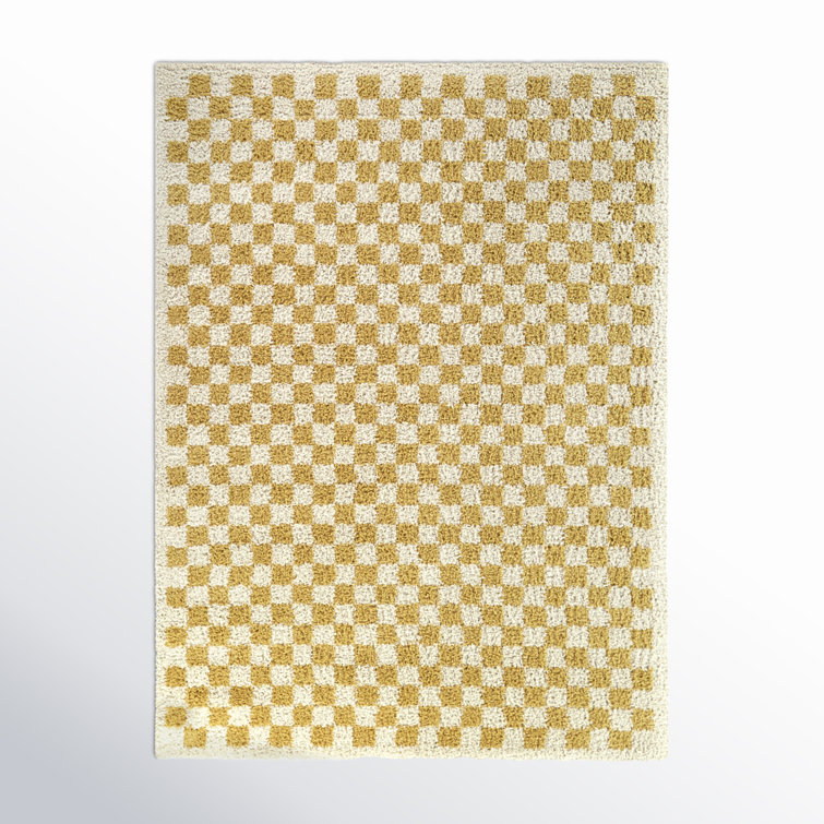 Geometric Beige and White Shag Rectangular Rug